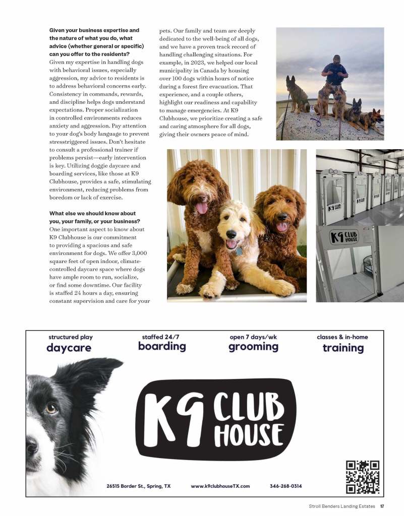 article about K9 Clubhouse in Bender's Landing magazine